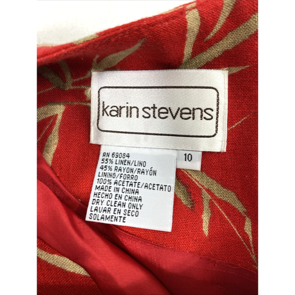 Karin Stevens Dress Womens Size 10‎ Red Bamboo Print Button Side Linen Blend - Picture 4 of 13